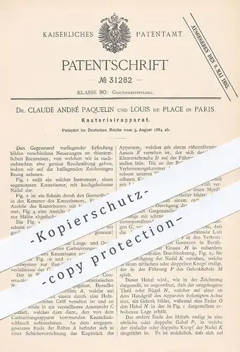 original Patent - Dr. Claude André Paquelin , Louis de Place , Paris , 1884 , Kauterisierapparat | Tierarzt , Veterinär