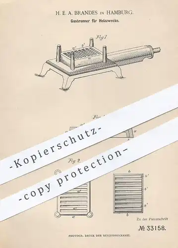 original Patent - H. E. A. Brandes , Hamburg , 1885 , Gasbrenner für Heizzwecke | Gas - Brenner | Heizung , Heizbrenner