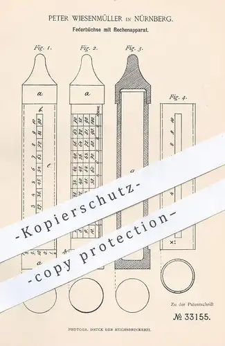 original Patent - Peter Wiesenmüller , Nürnberg , 1885 , Federbüchse mit Rechenapparat | Rechnen , Rechner !!!