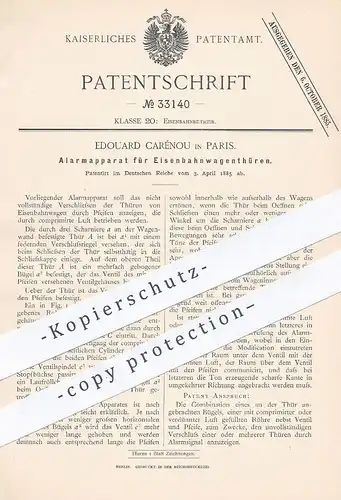 original Patent - Edouard Carénou , Paris Frankreich , 1885 , Alarm Signal für Eisenbahntüren | Eisenbahn , Straßenbahn