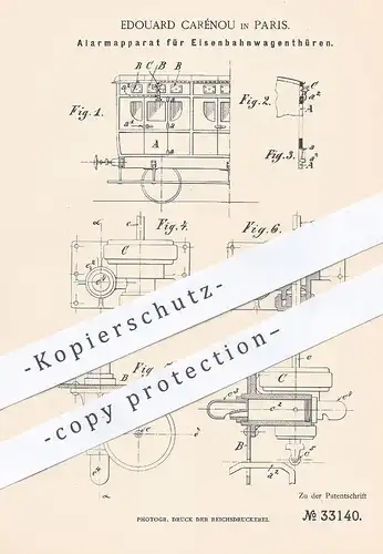 original Patent - Edouard Carénou , Paris Frankreich , 1885 , Alarm Signal für Eisenbahntüren | Eisenbahn , Straßenbahn