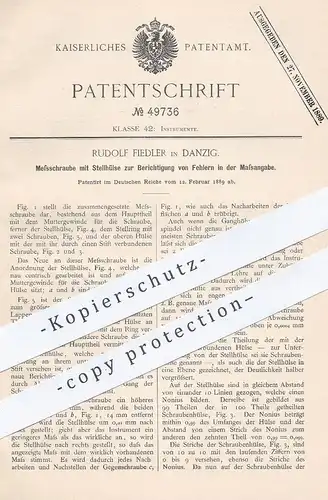 original Patent - Rudolf Fiedler , Danzig , 1889 , Messschraube zur Maßangabe | Messen , Nonius , Skala , Vermessung !!