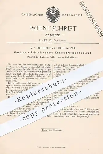 original Patent - G. A. Ruhrberg , Dortmund , 1889 ,  Kohlentrockenapparat | Kohlen trocknen | Papier , Papierfabrik !!