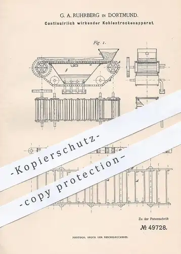 original Patent - G. A. Ruhrberg , Dortmund , 1889 ,  Kohlentrockenapparat | Kohlen trocknen | Papier , Papierfabrik !!