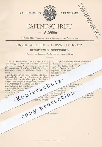 original Patent - Unruh & Liebig , Leipzig / Reudnitz , 1888 , Schutz an Deckendrehscheibe | Hochbahn , Bahn , Transport