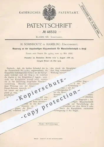 original Patent - H. Sohnholtz , Hamburg / Uhlenhorst , 1888 , Klappmechanik für Manschettenknöpfe | Knopf , Knöpfe !!