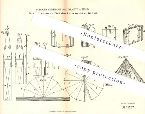 original Patent - Rudolph Seidemann , J. Brandt , Berlin , 1884 , Tornister  | Rucksack , Zelt | Militär , Camping !!