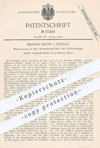 original Patent - Hermann Klette , Zwickau , 1884 , Fußboden | Holz - Asphalt - Balken | Tischler , Zimmerer | Eisen