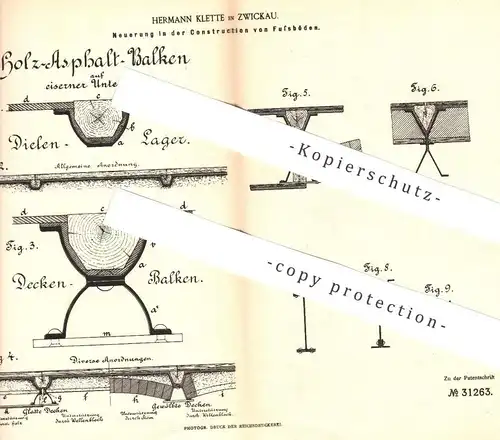 original Patent - Hermann Klette , Zwickau , 1884 , Fußboden | Holz - Asphalt - Balken | Tischler , Zimmerer | Eisen