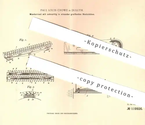 original Patent - Paul Louis Crowe , Duluth , 1900 , Wanderrost mit in einander greifenden Roststäben | Rost , Ofen !!