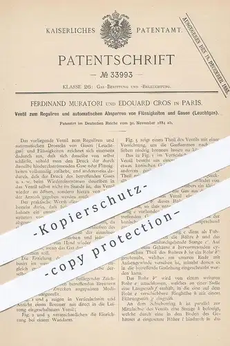 original Patent - Ferdinand Muratori , Edouard Cros , Paris , Ventil zur Regulierung von Flüssigkeit , Gas , Leuchtgas