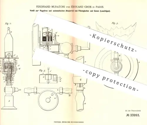 original Patent - Ferdinand Muratori , Edouard Cros , Paris , Ventil zur Regulierung von Flüssigkeit , Gas , Leuchtgas