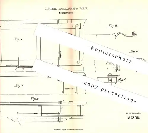 original Patent - Auguste Fougeadoire , Paris , Frankreich , 1885 , Notenblattwender | Notenständer , Musik , Dirigent !