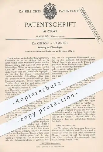 original Patent - Dr. Gerson , Hamburg , 1884 , Filteranlage | Filter - Anlage | Filtern | Zuckerfabrik , Gerber , Farbe