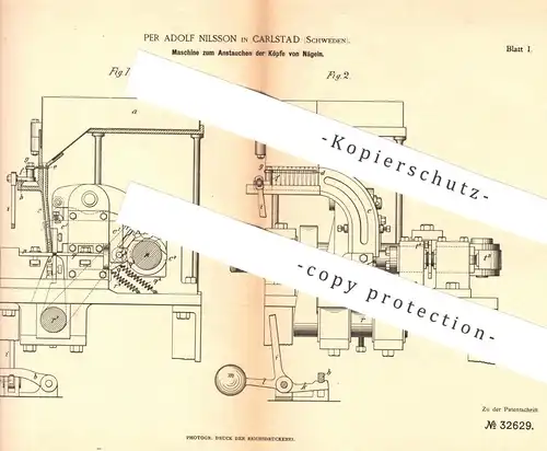 original Patent - Per Adolf Nilsson , Carlstadt , Schweden , 1884 , Anstauchen der Nagel - Köpfe | Nägel , Metall !!!