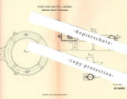 original Patent - Louis Jules Pirotte , Brüssel , 1885 , Kohlensäure - Injektor für Saturateur | Saturation , Zucker !!