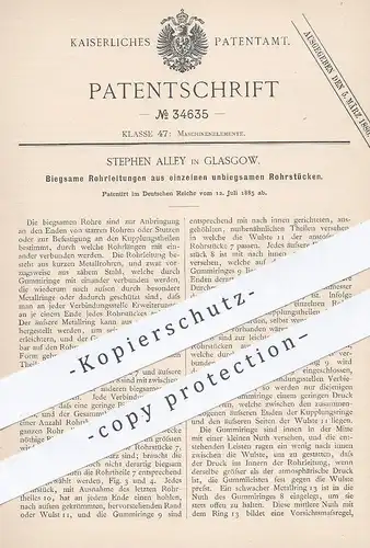 original Patent - Stephen Alley , Glasgow , 1885 , Biegsame Rohrleitung | Rohr , Rohre , Metall , Gummi , Maschinen !!