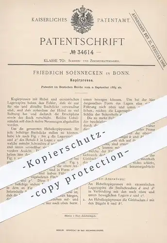 original Patent - Friedrich Soennecken , Bonn  1885 , Kopierpresse | Kopieren , Presse , Druck , Schreibmaschine !!!