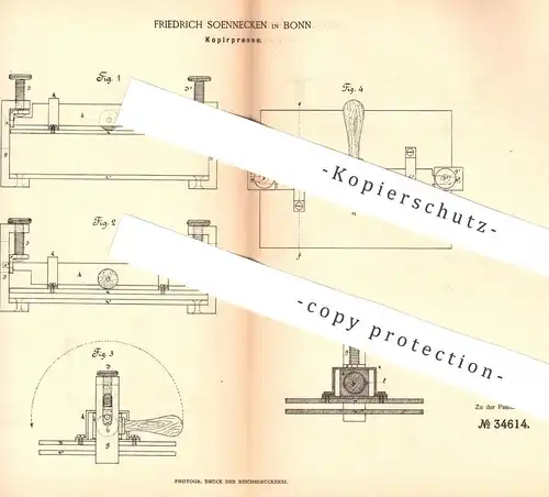 original Patent - Friedrich Soennecken , Bonn  1885 , Kopierpresse | Kopieren , Presse , Druck , Schreibmaschine !!!