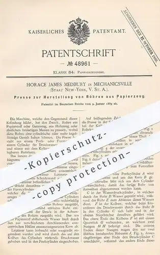original Patent - Horace James Medbury , Mechanicsville , New York USA , 1889 , Presse für Röhren aus Papier , Pappe !