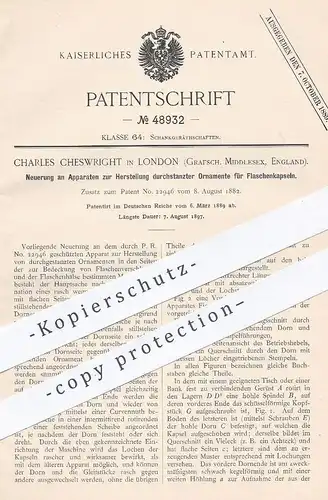 original Patent - Charles Cheswright , London , Middlesex England , 1889 , durchstanzte Ornamente für Flaschen - Kapsel