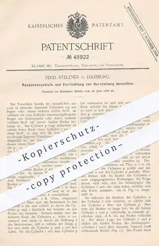 original Patent - Ferd. Stelzner , Hamburg , 1888 , Herst. von Paketverschluss | Paket , Karton , Verpackung , Pappe !!