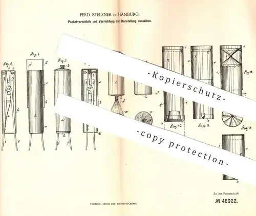 original Patent - Ferd. Stelzner , Hamburg , 1888 , Herst. von Paketverschluss | Paket , Karton , Verpackung , Pappe !!