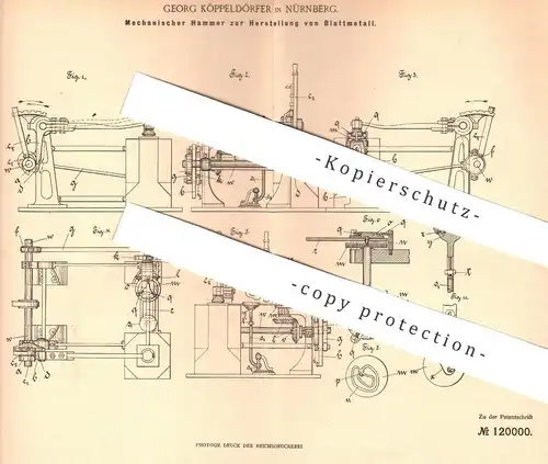 original Patent - Georg Köppeldörfer , Nürnberg , 1899 , Mechanischer Hammer zur Herst. von Blattmetall | Blattgold !!!