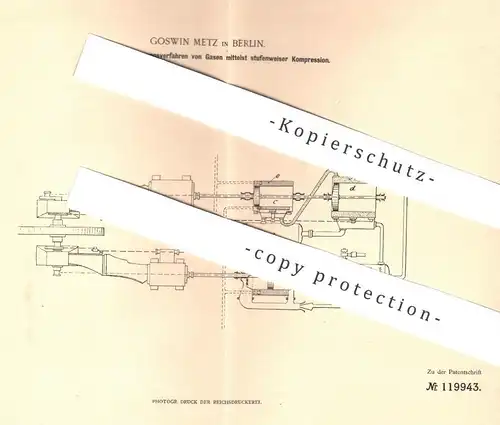 original Patent - Goswin Metz , Berlin , 1899 , Kühlung u. Verflüssigung von Gasen per Kompression | Linde - Gas | Motor