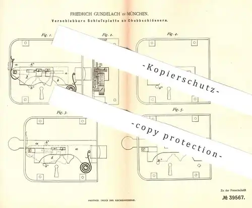 original Patent - Friedrich Gundelach , München , 1886 , Schlussplatte am Chubbschloss | Tür - Schloss , Schlosser !!