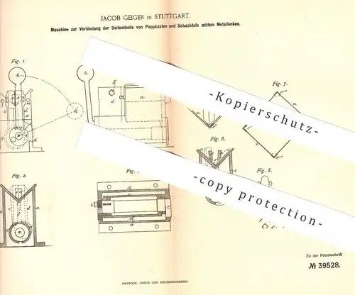 original Patent - Jacob Geiger , Stuttgart , 1886 , Verbindung der Seitenteile von Karton u. Schachtel | Pappe , Papier