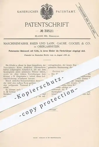 original Patent - Maschinenfabrik Rhein und Lahn , Gauhe , Gockel & Co. , Oberlahnstein , 1886 , Paternoster - Hebewerk