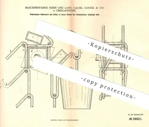 original Patent - Maschinenfabrik Rhein und Lahn , Gauhe , Gockel & Co. , Oberlahnstein , 1886 , Paternoster - Hebewerk