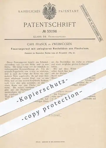 original Patent - Carl Franck , Zweibrücken 1884 , Feuerungsrost mit Roststäben aus Flacheisen | Ofen - Rost | Ofenbauer