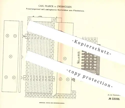 original Patent - Carl Franck , Zweibrücken 1884 , Feuerungsrost mit Roststäben aus Flacheisen | Ofen - Rost | Ofenbauer