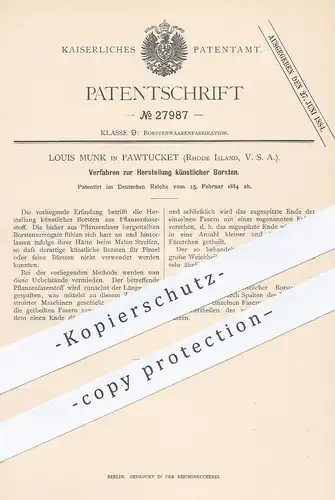 original Patent - Louis Munk , Pawtucket , Rhode Island , USA , 1884 , Herst. künstlicher Borsten | Bürste , Bürsten !!