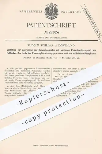original Patent - Rudolf Schliwa , Dortmund , 1883 , Darstellung v. Superphosphat | Phosphat , Phosphor - Säure | Dünger