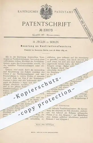 original Patent - H. Zeglin , Berlin , 1885 , Ventilationsfenster | Fenster mit Ventilation | Fensterbauer , Hochbau !!