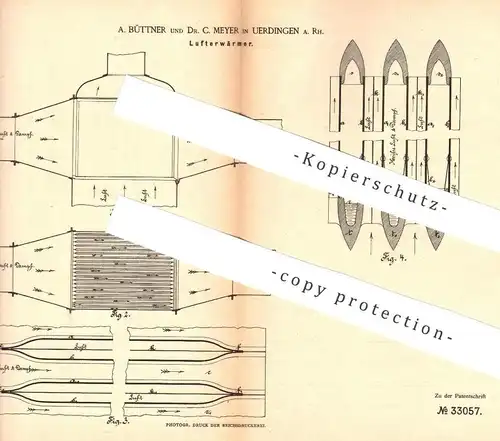 original Patent - A. Büttner , Dr. C. Meyer , Uerdingen , 1884 , Lufterwärmer | Heizung , Gas , Dampfkessel , Kessel !!