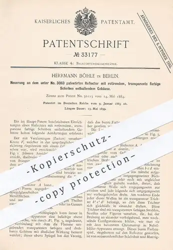 original Patent - Herrmann Böhle , Berlin , 1885 , Reflektor mit rotierendem Gehäuse | Licht , Spiegel , Reflexion !!!