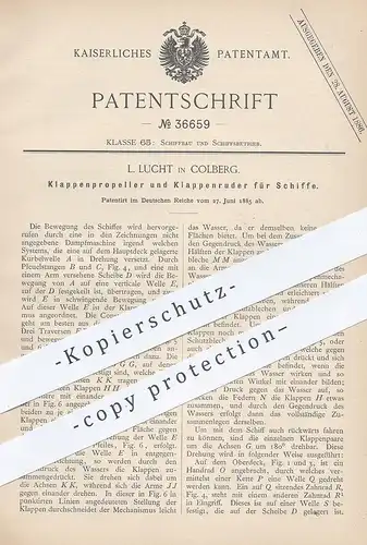 original Patent - L. Lucht , Kolberg , 1885 , Klappenpropeller u. Klappenruder für Schiffe | Ruder , Propeller , Schiff