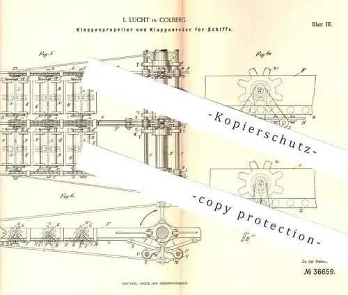 original Patent - L. Lucht , Kolberg , 1885 , Klappenpropeller u. Klappenruder für Schiffe | Ruder , Propeller , Schiff