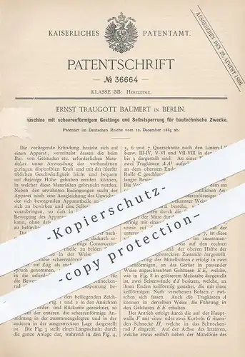 original Patent - Ernst Traugott Baumert , Berlin , 1885 , Hebemaschine für Bautechnik | Hochbau , Last - Aufzug !!!