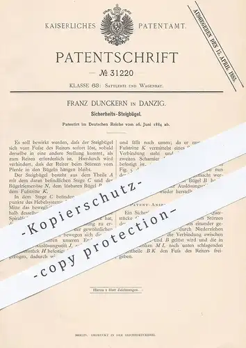 original Patent - Franz Dunckern , Danzig , 1884 , Steigbügel | Pferd , Pferde , Reiten , Reitsport , Reiter , Kutsche