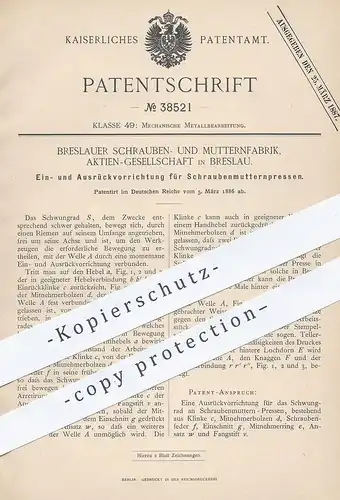 original Patent - Schrauben- u. Mutternfabrik AG Breslau , 1886 , Schraubenmutternpresse | Schrauben - Presse | Metall !