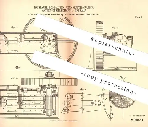 original Patent - Schrauben- u. Mutternfabrik AG Breslau , 1886 , Schraubenmutternpresse | Schrauben - Presse | Metall !