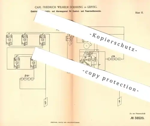 original Patent - Carl Friedrich Wilhelm Doehring / Leipzig , 1886 , Feuermelder | Brandmelder | Morsen , Alarm , Signal