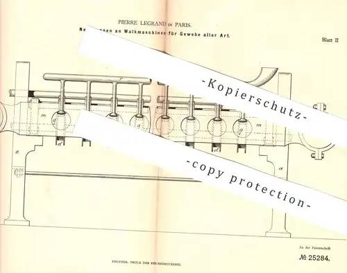 original Patent - Pierre Legrand , Paris , Frankreich , 1883 , Walkmaschine für Gewebe , Stoff | Walken , Walzen !!