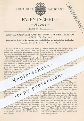 original Patent - John Edward Stafford , James Townsley Pearson , Burnley England , Ofen zur Abfall - Verbrennung