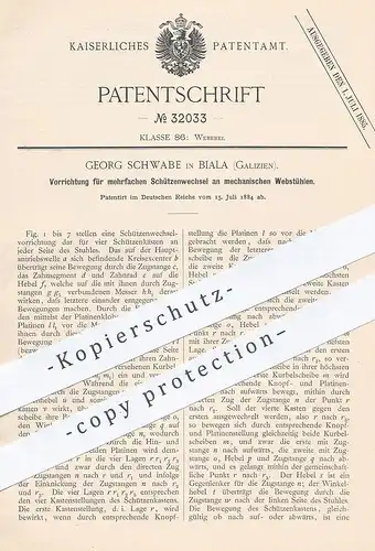original Patent - Georg Schwabe , Biala , Galizien 1884 , mehrfacher Schützenwechsel am mechan. Webstuhl | Weben , Weber